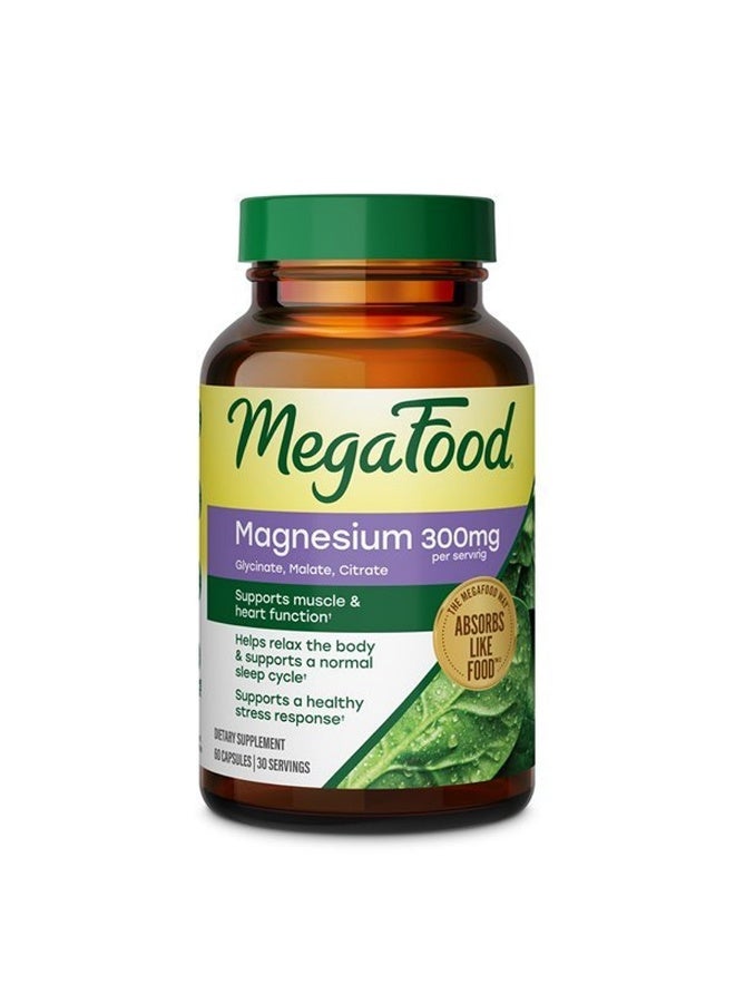 MegaFood Magnesium Glycinate, Malate, Citrate 300mg, 60 Capsules,Highly Absorbable 3 in 1 Magnesium Complex Blend to Support Heart & Muscle Function, Stress & Sleep, Vegetarian, 30 Servings - Image 1