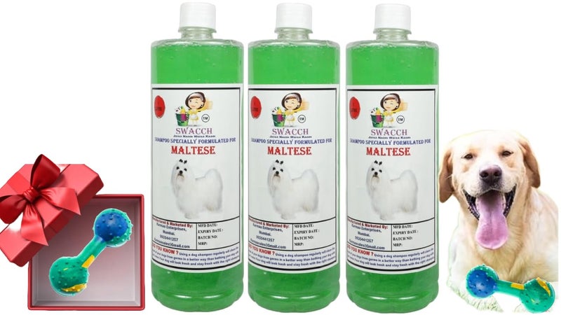 swacch Maltese Dog Shampoo + Dumbbell Toy I Durable Rubber Dog Toy for Chewing I Playing,Teeth Cleaning & Training Toy I Combo Pack I 1 Litre Pack of 3 Neem Alovera - Image 1