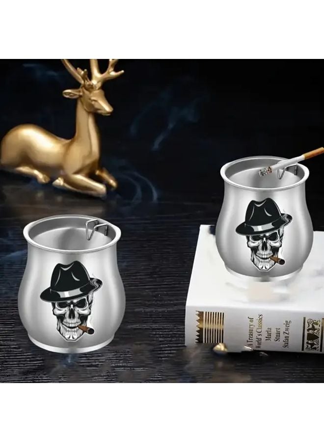 Steel Color Skull Pattern Ashtray With Lid Trendy Creative Funnel Design Windproof - Image 2