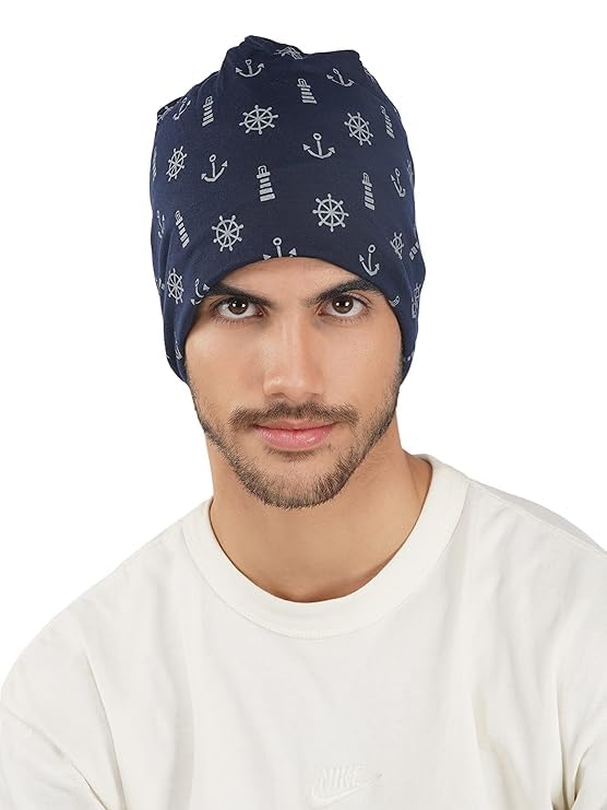 iSWEVEN Men's Beanies Cotton Slouchy Skull Summer Blended Free Size Blue Beanie Cap for Men Women Boys (7016-Many Symbol) - Image 1