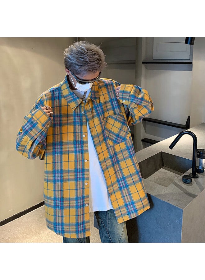 Izexx American Retro Yellow Plaid Long Sleeve Shirt Men And Women Spring Loose Bf Shirt Jacket Ix01 Yellow 3XL - Image 4