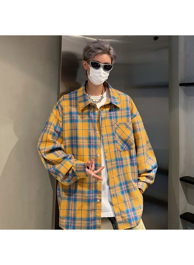 Izexx American Retro Yellow Plaid Long Sleeve Shirt Men And Women Spring Loose Bf Shirt Jacket Ix01 Yellow 3XL - Image 5