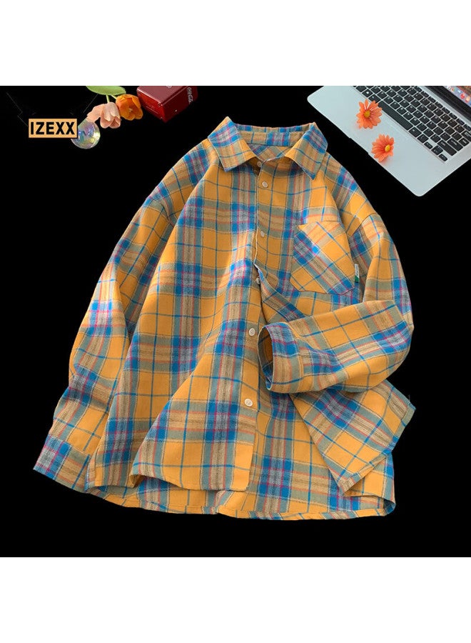 Izexx American Retro Yellow Plaid Long Sleeve Shirt Men And Women Spring Loose Bf Shirt Jacket Ix01 Yellow 3XL - Image 1