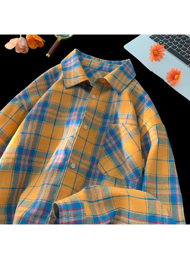 Izexx American Retro Yellow Plaid Long Sleeve Shirt Men And Women Spring Loose Bf Shirt Jacket Ix01 Yellow 3XL - Image 3