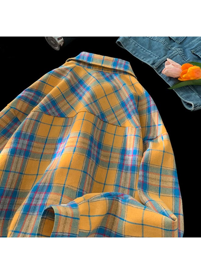 Izexx American Retro Yellow Plaid Long Sleeve Shirt Men And Women Spring Loose Bf Shirt Jacket Ix01 Yellow 3XL - Image 2