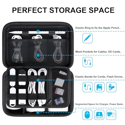Lacdo Hard Travel Electronic Organizer Case for MacBook Power Adapter Charger Cables Apple Pencil Mouse Power Bank USB Flash DiskSD Card Small Protective Portable Accessories 3 Cable TieBlack - Image 3