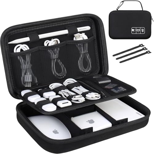Lacdo Hard Travel Electronic Organizer Case for MacBook Power Adapter Charger Cables Apple Pencil Mouse Power Bank USB Flash DiskSD Card Small Protective Portable Accessories 3 Cable TieBlack - Image 1