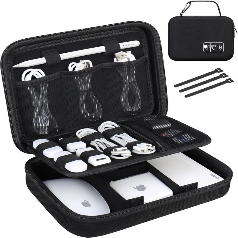 Lacdo Hard Travel Electronic Organizer Case for MacBook Power Adapter Charger Cables Apple Pencil Mouse Power Bank USB Flash DiskSD Card Small Protective Portable Accessories 3 Cable TieBlack - Image 2