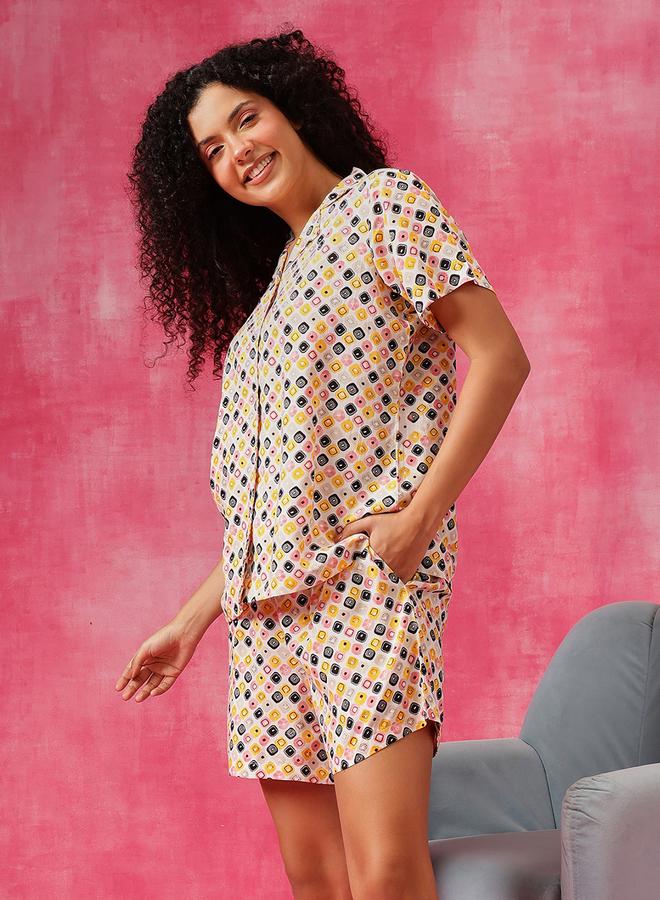 Clovia Geometric Print Button Down Shirt and Shorts Set - Image 4