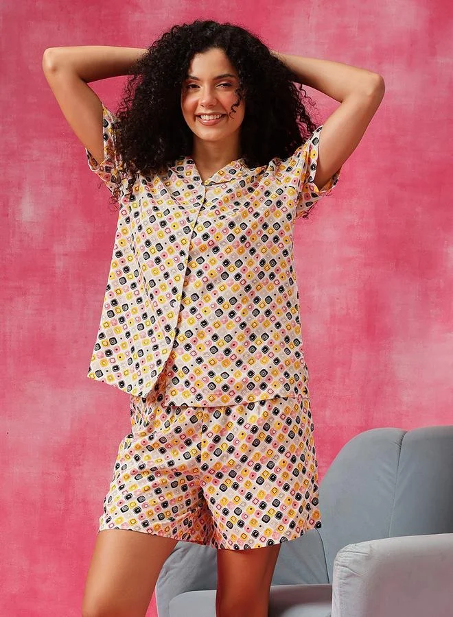 Clovia Geometric Print Button Down Shirt and Shorts Set