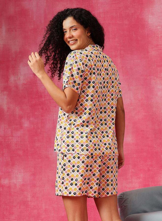 Clovia Geometric Print Button Down Shirt and Shorts Set - Image 5