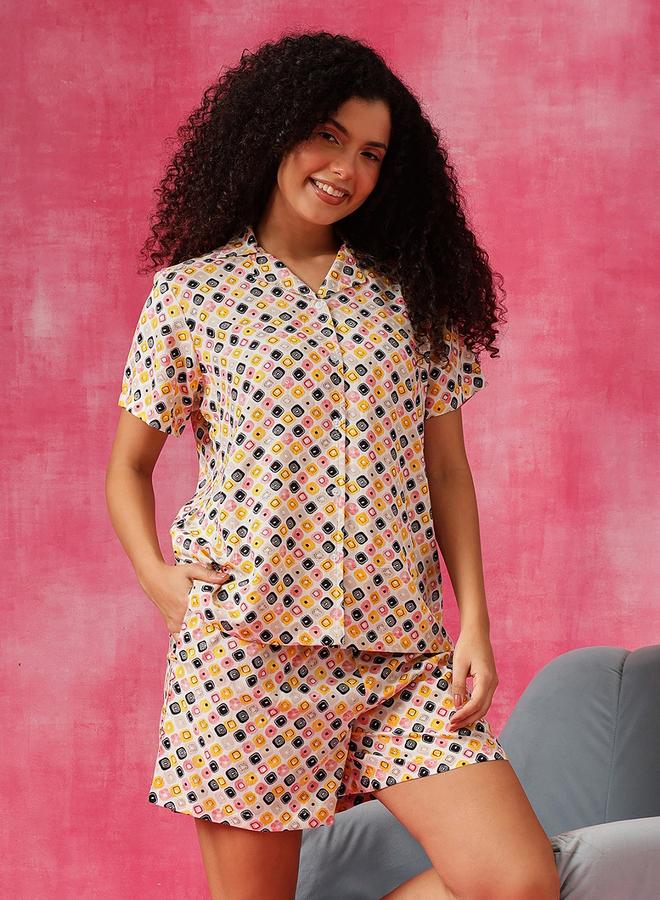 Clovia Geometric Print Button Down Shirt and Shorts Set - Image 3