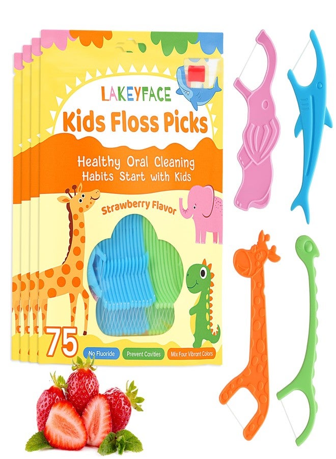 Lakeyface 300 Count Kids flossers, Strawberry Flavored Kids Floss Picks BPA Free & Fluoride Free, Cute Animal-Shaped Dental Floss Picks for Kids with Strong Long Handle, Resealable Zipper Bag - Image 1