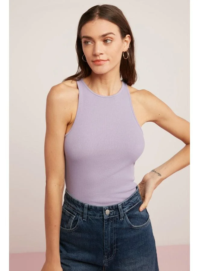 Ethiquet Mıra Women's Ribbed-Effect Cotton Regular Halter Neck Sleeveless Lilac Tank Top.