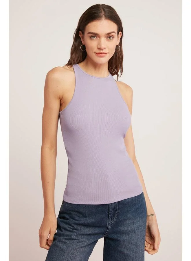 Ethiquet Mıra Women's Ribbed-Effect Cotton Regular Halter Neck Sleeveless Lilac Tank Top.