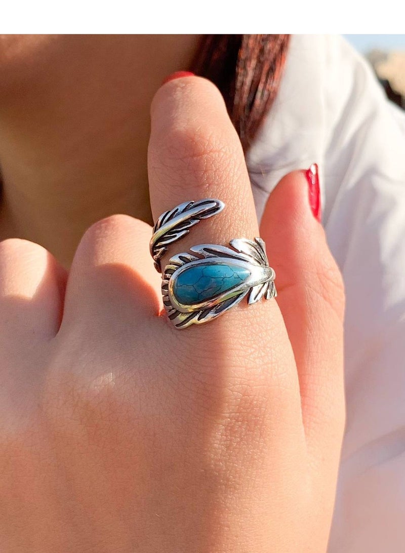 Akhet Women's 925 silver ring with a feather design, an open ring suitable for all sizes - Image 1