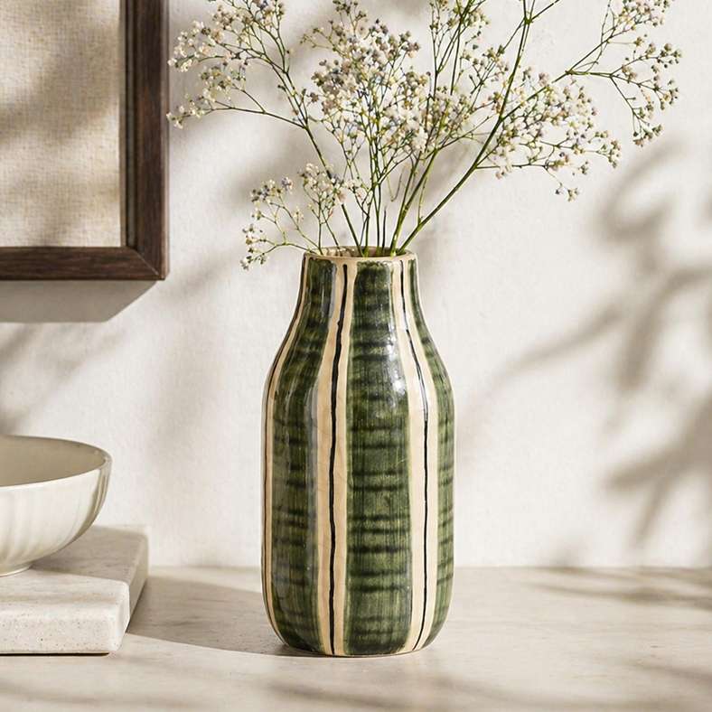 Pan Home Emi Stoneware Linear Glaze Vase 10x10x20cm - Green - 112AIC9905011 - Image 1