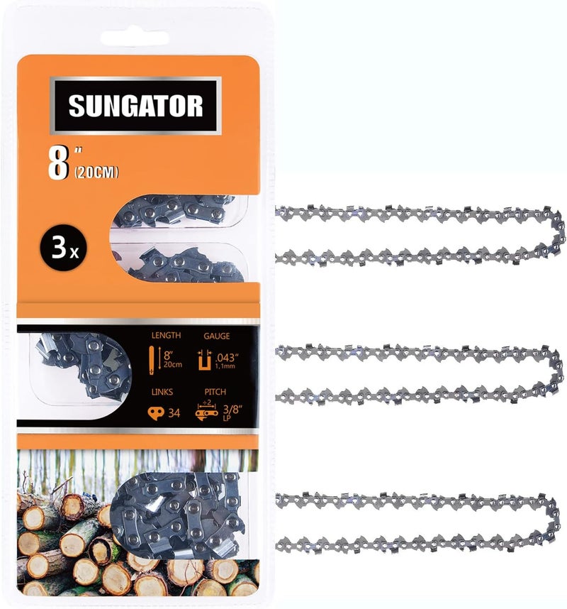 SUNGATOR 3-Pack 8 Inch Chainsaw Chain SG-R34, 3/8" LP Pitch - .043" Gauge - 34 Drive Links, Compatible with Poulan, Remington and More - Image 1
