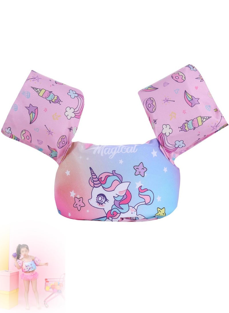 سترة السباحة للأطفال، سترة تعويم المياه، تناسب 30-55 رطلاً للفتيات والأولاد وأشرطة ذراع السباحة وأشرطة الكتف سترة تعويم هيدروفويل، للأطفال الذين يتعلمون السباحة (وحيد القرن) - Image 1