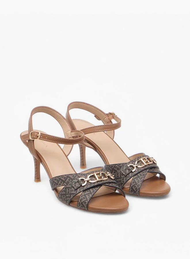 Flora Bella Monogram Print Sandals With Stiletto Heels And Buckle Closure