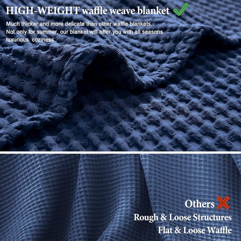 PHF بطانية كينغ سايز (230 سم × 265 سم) 400 غرام لكل متر مربع 100% قطن مغسول بنمط الوافل، رمي مريح وقابل للتنفس وصديق للبشرة لجميع الفصول، غطاء سرير فاخر لفصل الخريف للكنبة والسرير، أزرق داكن - Image 5