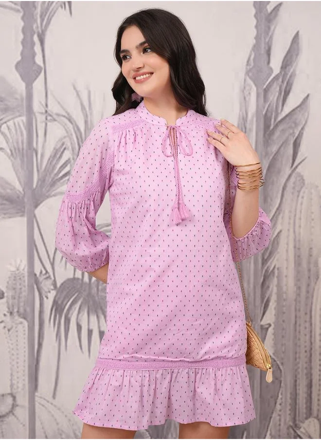 Vishudh Vishudh Polka Dot Print Tie-Up Neck A-Line Mini Dress