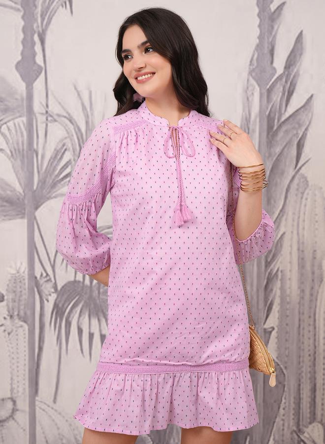Vishudh Polka Dot Print Tie-Up Neck A-Line Mini Dress - Image 1