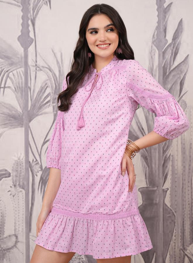 Vishudh Polka Dot Print Tie-Up Neck A-Line Mini Dress - Image 4
