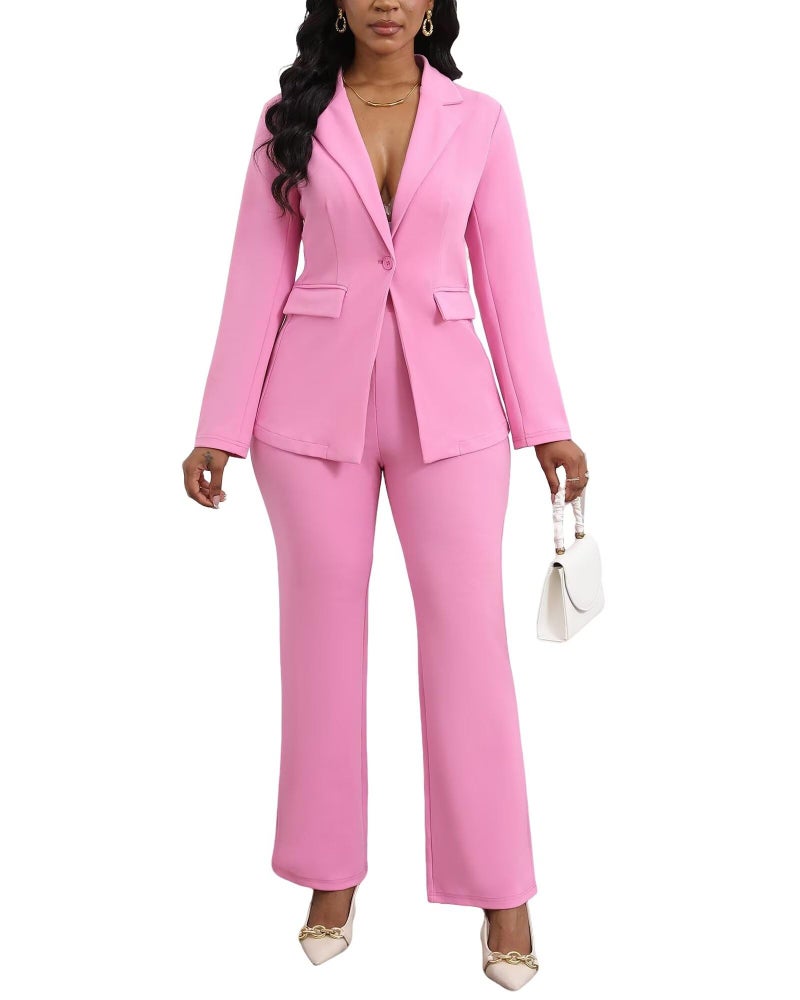 Ekaliy Womens 2 Piece Pant Suits Dressy Blazer Jacket Flare Pants Set Casual Business Suiting Formal Work Office Outfits Pink - Image 1