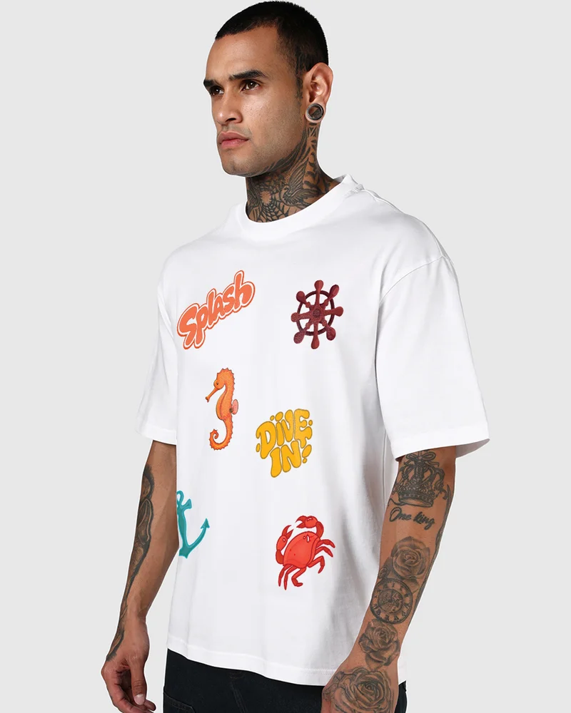 Bewakoof Men's White Splash Graphic Printed Oversized T-shirt