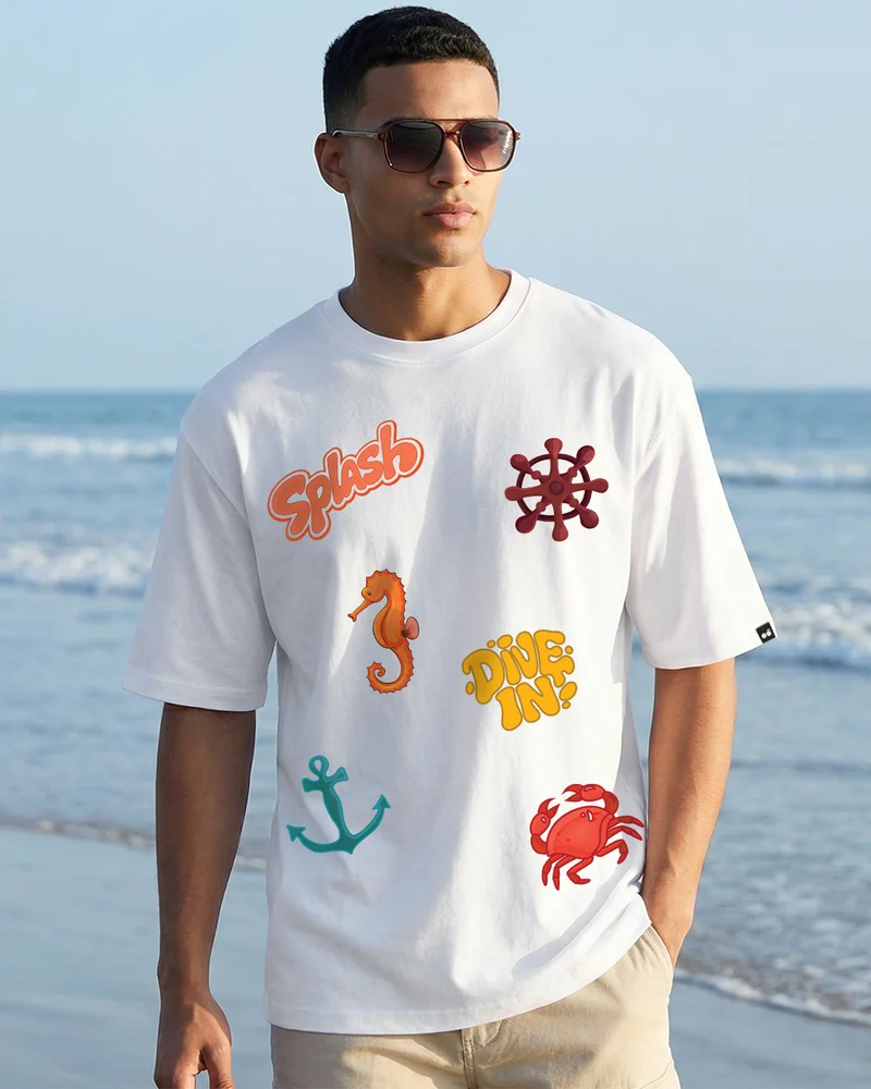Bewakoof Men's White Splash Graphic Printed Oversized T-shirt