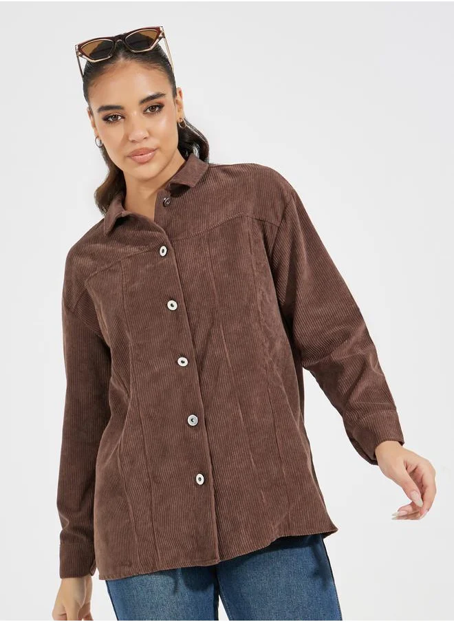 Styli Oversized Corduroy Shirt with Buttons