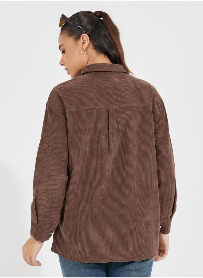 Styli Oversized Corduroy Shirt with Buttons