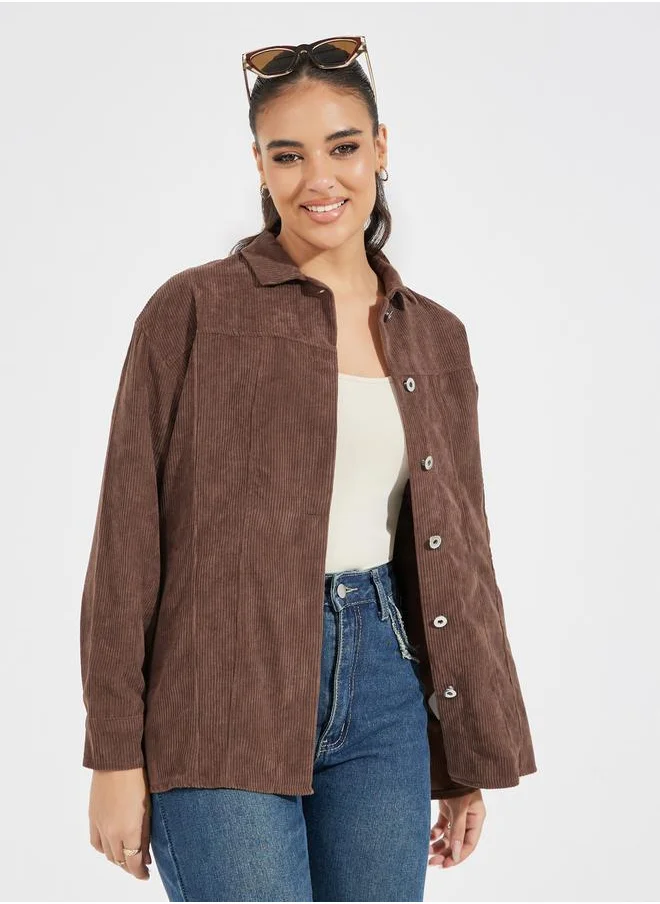 Styli Oversized Corduroy Shirt with Buttons