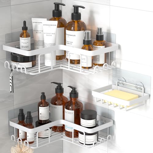 YASONIC Corner Adhesive Shower Caddy, with Soap Holder and 12 Hooks, Rustproof Stainless Steel Bathroom Organizer, No Drilling Wall Mounted Rack, White, 3-Pack - Image 1