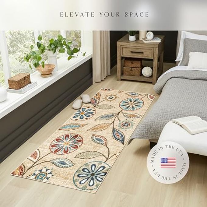 Maples Rugs Reggie Floral Runner Rug Made in USA Washable, Non Slip Indoor Carpet for Kitchen, Hallway, and Laundry Room, 2'6" x 5', Beige - Image 2