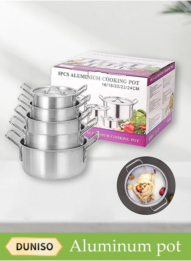 DUNISO 5-Piece Aluminum Cooking Pot Set With Lid And Handle, Large, Medium And Small, Suitable For Stews, 16 Cm / 18 Cm / 20 Cm / 22 Cm / 24 Cm Pots  - Image 1