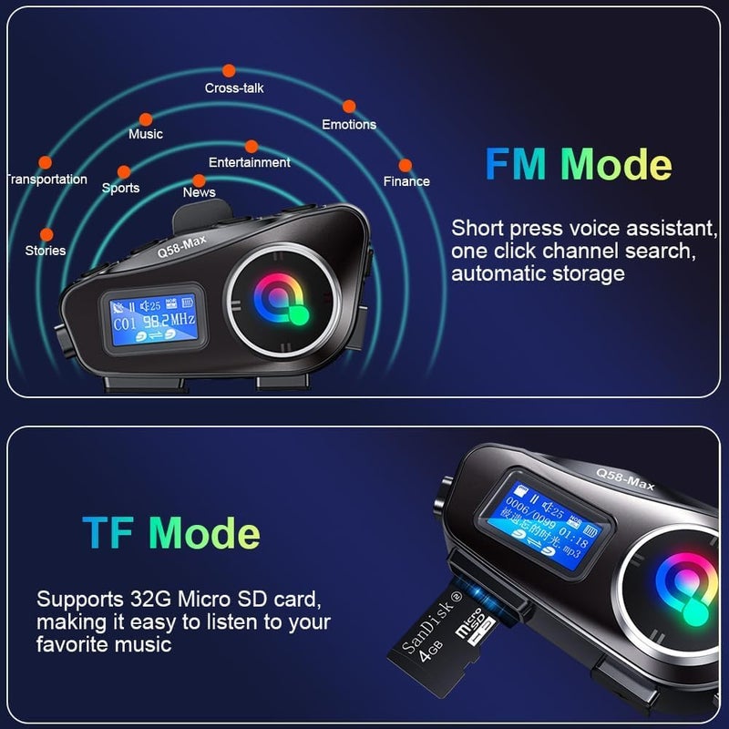 Motorcycle Helmet Bluetooth Headset, Helmet Bluetooth Intercom BT5.3 Noise Cancellation 6EQ HiFi Stereo, Headphone Speakers LCD Screen, Support FM Radio, Music Share, SD Card - Image 5