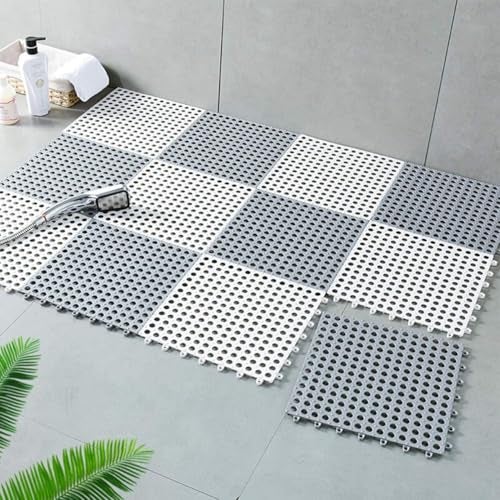 REDMART Interlocking Non-Slip Bathroom Floor Tiles (30 x 30 cm) - Soft PVC Shower Mats with Drain Holes - Modular Splicing Massage Cushion for Wet Areas,Pool,Patio & Toilet (Grey & White,Pack of [20]) - Image 1