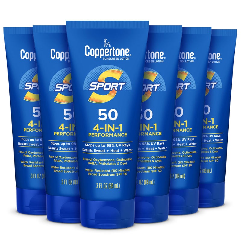 Coppertone Sport Sunscreen Lotion SPF 50, Sweat, Heat and Water Resistant Sunblock, Lightweight, Oxybenzone Free, Travel Size Sunscreen Bulk Pack, 3 Fl Oz Bottle, Pack of 6 - Image 1