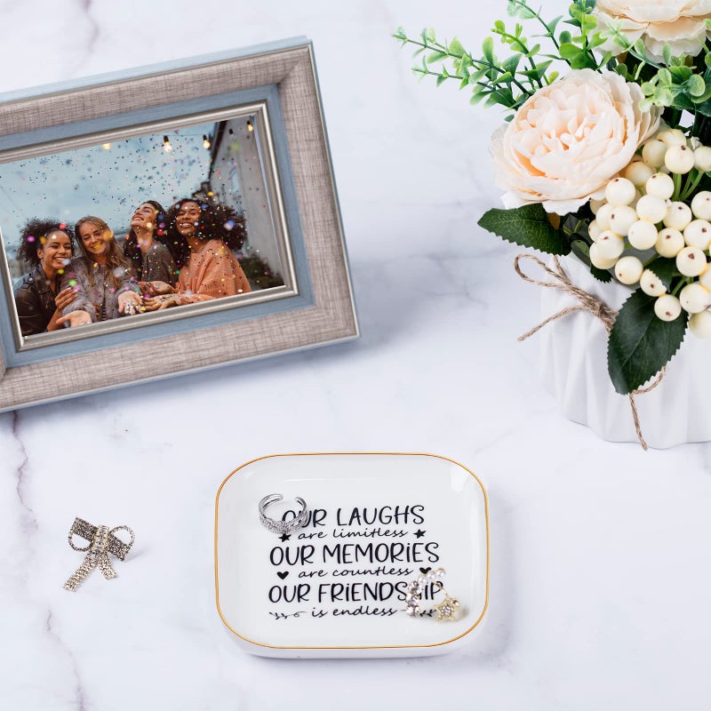 Piudee Friendship Gifts for Women Best Friend Jewelry Dish, Our Laughs are Limitless, Our Memories are Countless, Our Friendship is Endless Unique Gifts for Women, Female Friend Birthday Christmas - Image 2