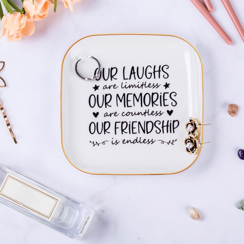 Piudee Friendship Gifts for Women Best Friend Jewelry Dish, Our Laughs are Limitless, Our Memories are Countless, Our Friendship is Endless Unique Gifts for Women, Female Friend Birthday Christmas - Image 4