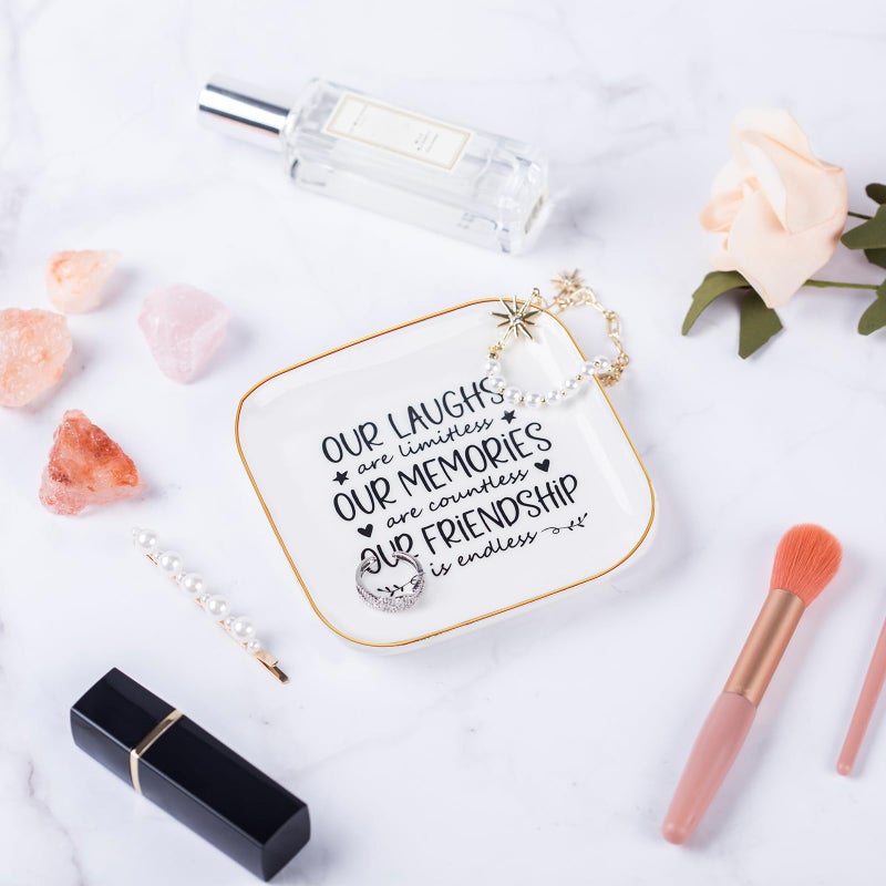 Piudee Friendship Gifts for Women Best Friend Jewelry Dish, Our Laughs are Limitless, Our Memories are Countless, Our Friendship is Endless Unique Gifts for Women, Female Friend Birthday Christmas - Image 3