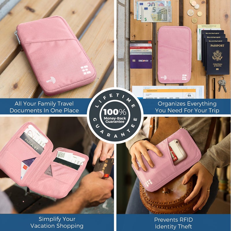 Zero Grid Passport Holder Family up to 6 Passports, Large Passport Wallet and Premium Travel Document Holder Organizer with RFID Anti-Theft Blocking - 7 Bonus RFID Blocking Sleeves - Rose - Image 5