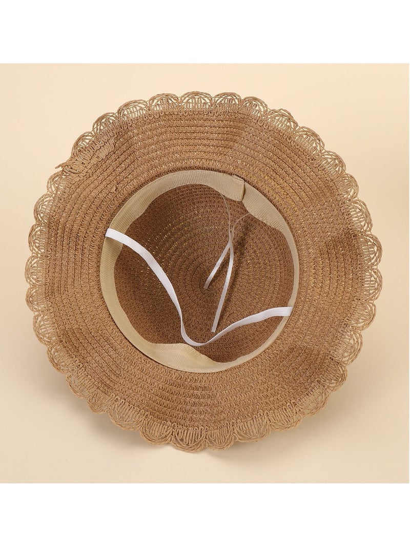 واي آند دي Little Girl Kids Summer Straw Hat Wide Brim Floppy, Beach Visor Floppy Hats with Foldable, Sun Protection Hats, and Mini Cute Purse Sets fruit Decoration for Holiday Outdoor Activities, Khaki - Image 3
