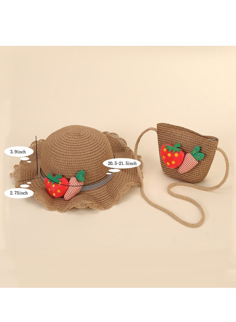 واي آند دي Little Girl Kids Summer Straw Hat Wide Brim Floppy, Beach Visor Floppy Hats with Foldable, Sun Protection Hats, and Mini Cute Purse Sets fruit Decoration for Holiday Outdoor Activities, Khaki - Image 5