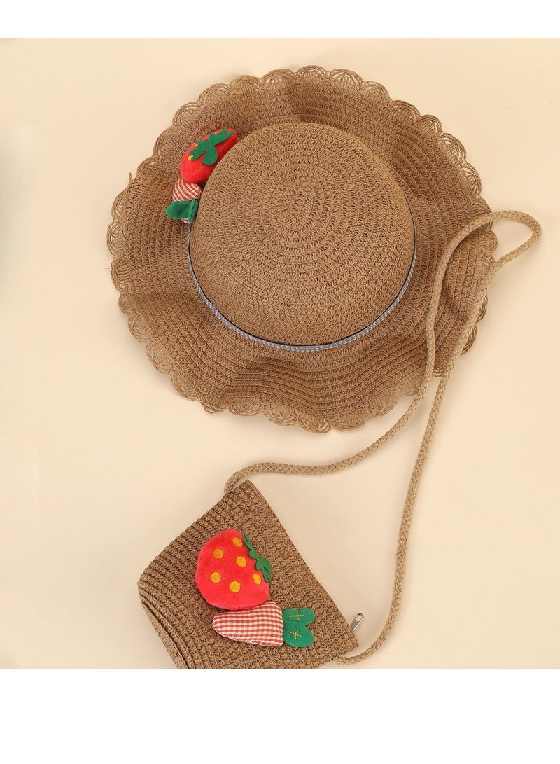 واي آند دي Little Girl Kids Summer Straw Hat Wide Brim Floppy, Beach Visor Floppy Hats with Foldable, Sun Protection Hats, and Mini Cute Purse Sets fruit Decoration for Holiday Outdoor Activities, Khaki - Image 2