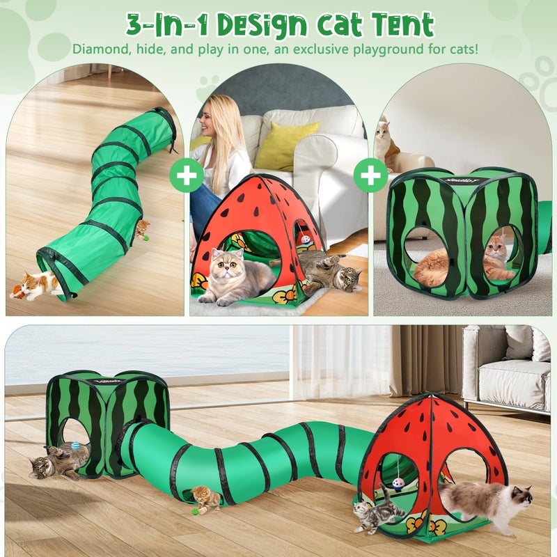 Tailtastic 3-in-1 Watermelon Cat Play Tunnel with Pop-Up Cube & Triangle Cat Tent, Interactive Toy Ball & Foldable Design - Easy Magic Tape Assembly Tunnels for Indoor Cats - Image 2