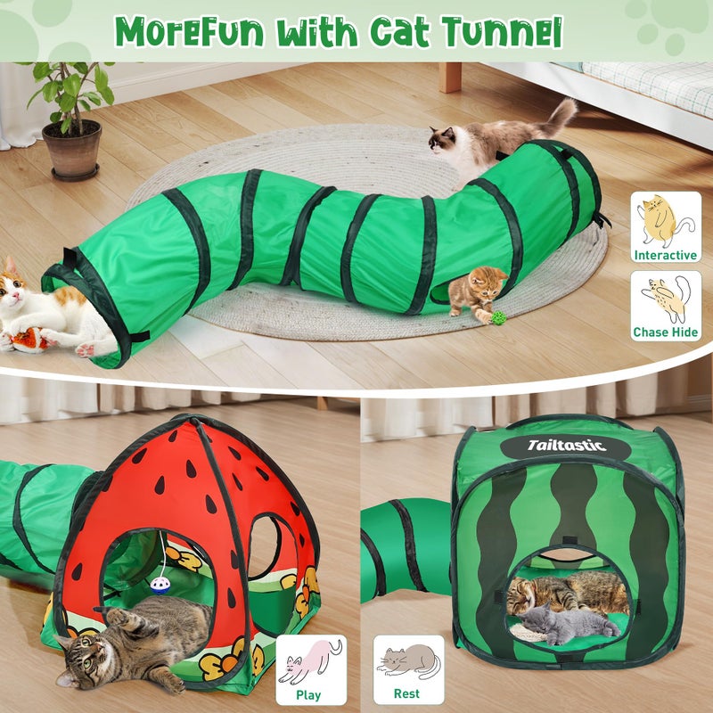 Tailtastic 3-in-1 Watermelon Cat Play Tunnel with Pop-Up Cube & Triangle Cat Tent, Interactive Toy Ball & Foldable Design - Easy Magic Tape Assembly Tunnels for Indoor Cats - Image 4