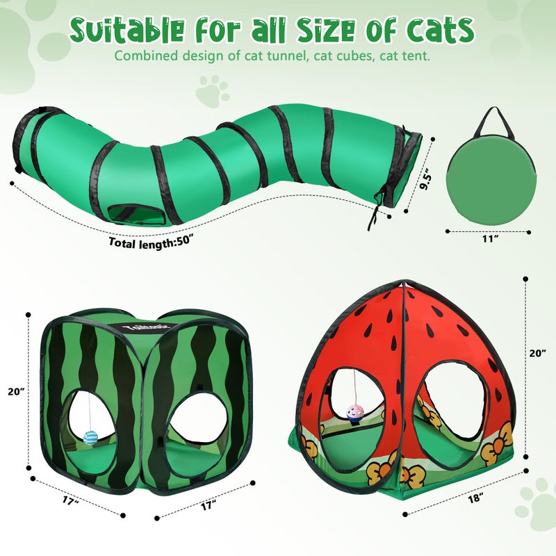 Tailtastic 3-in-1 Watermelon Cat Play Tunnel with Pop-Up Cube & Triangle Cat Tent, Interactive Toy Ball & Foldable Design - Easy Magic Tape Assembly Tunnels for Indoor Cats - Image 3